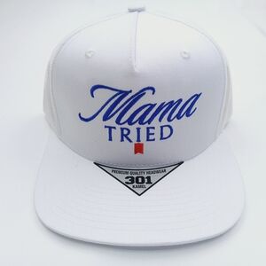 White Mesh Snapback Trucker Hat with Blue Embroidery